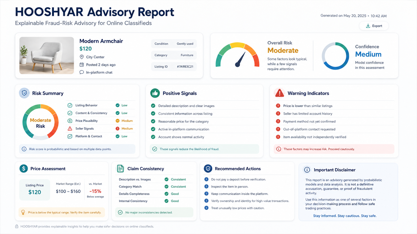 Example HOOSHYAR explainable risk report and transaction-safety recommendations